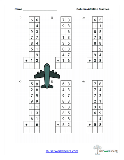 Airplane Sums 43 Worksheet