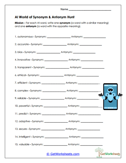 AI Synonyms and Antonyms Worksheet