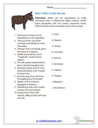 Character Match-Up Worksheet