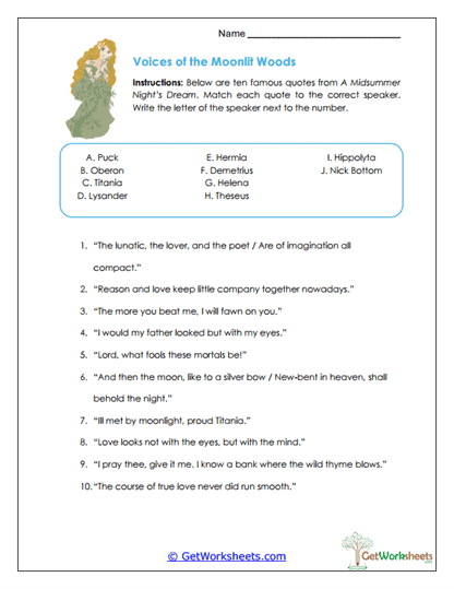Quoting the Fairies Worksheet