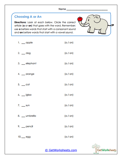 Choosing A or An Worksheet
