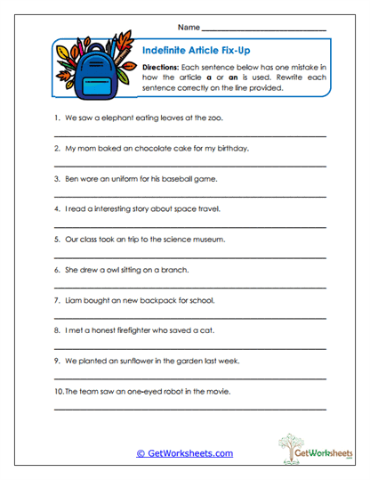 Indefinite Article Fix-Up Worksheet