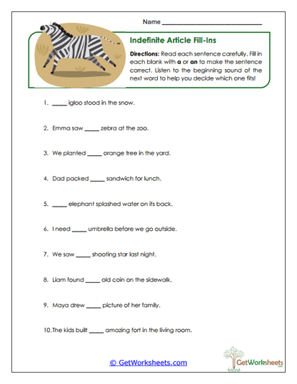 Indefinite Article Fill-Ins Worksheet