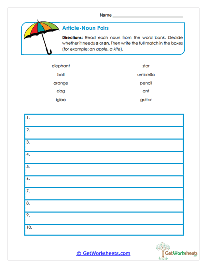 Article-Noun Pairs Worksheet