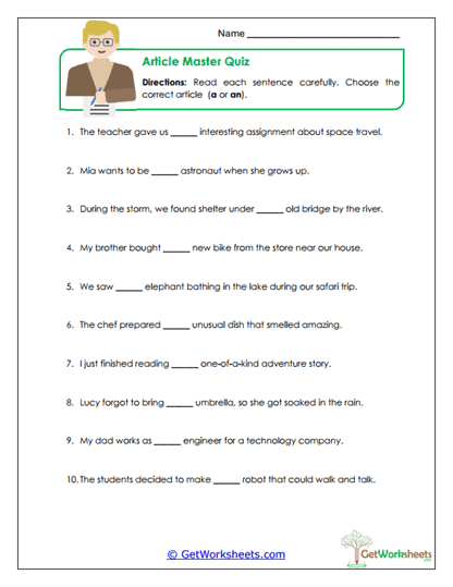 Article Master Quiz Worksheet