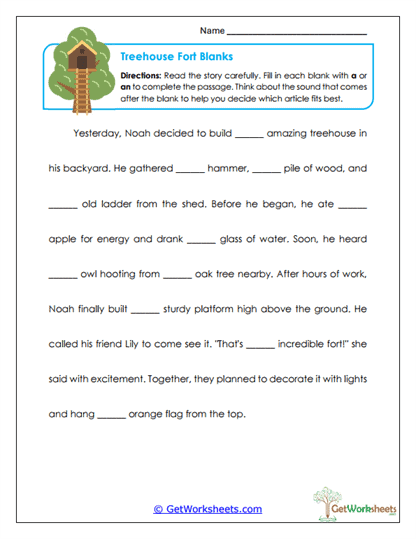 Treehouse Fort Blanks Worksheet