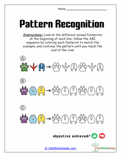 AB, AAB, ABB, ABC Pattern Recognition Worksheets