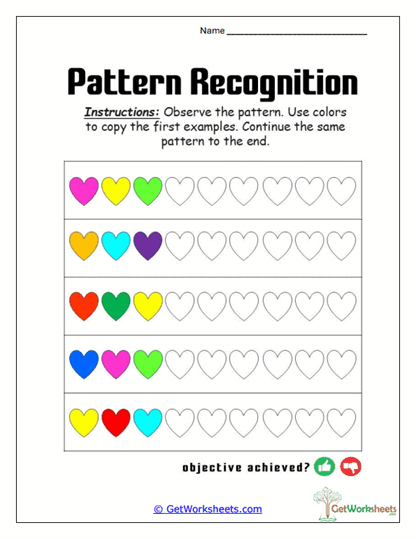 Continuing Three-Color Heart Patterns Worksheet