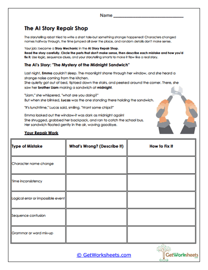 Story Repair Shop Worksheet