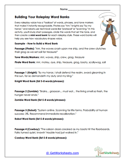Building Word Banks Worksheet