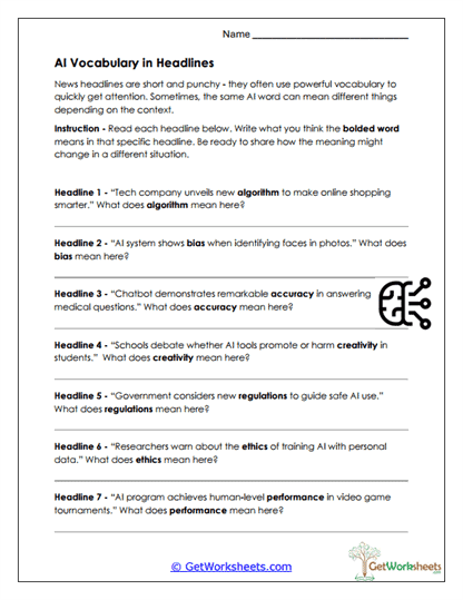 AI Vocabulary in Headlines Worksheet