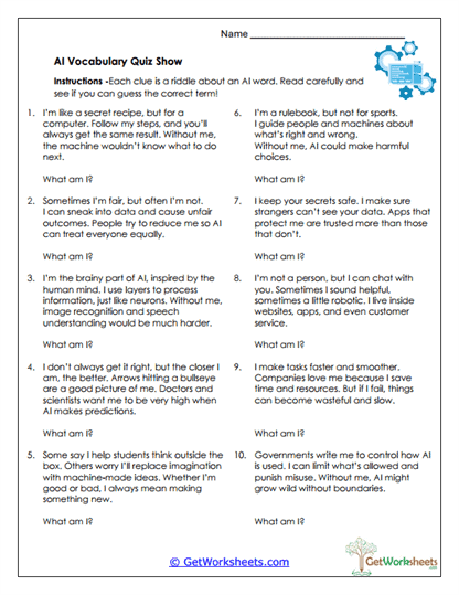 AI Vocabulary Quiz Show Worksheet