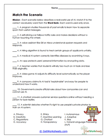 AI Scenarios Match Worksheet