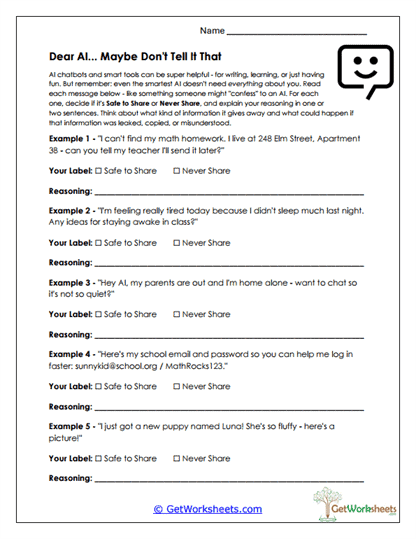 Safe or Never Share Worksheet
