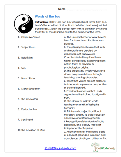 Words of the Tao Worksheet