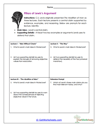 Pillars of Lewis's Argument Worksheet
