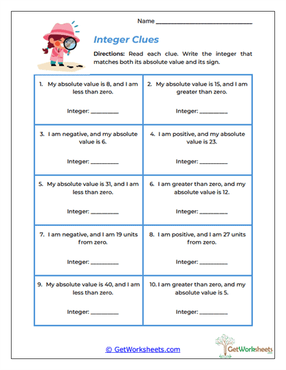 Integer Clues Worksheet
