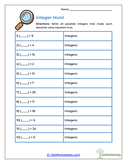 Integer Hunt Worksheet