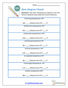 Zero Degree Check Worksheet - Absolute Value with Temperatures