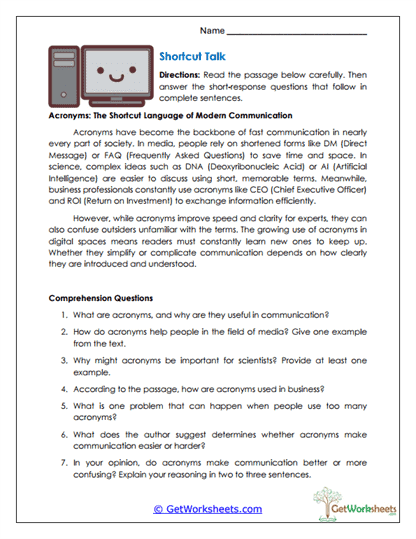 Shortcut Talk Worksheet