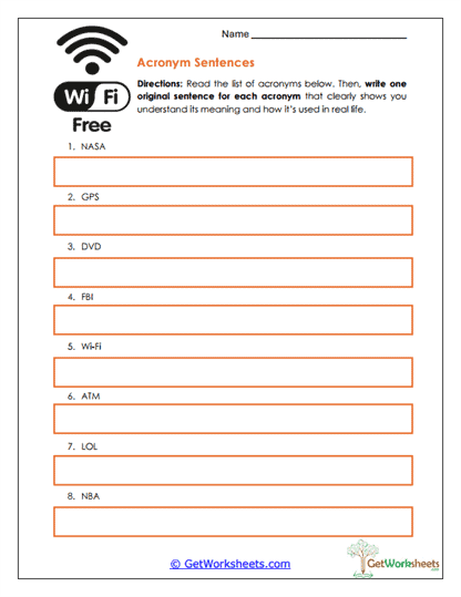 Acronym Sentences Worksheet