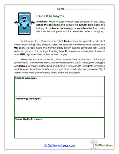 Field of Acronyms Worksheet