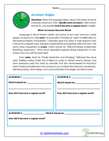 Acronym Origins Worksheet