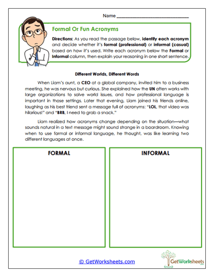 Formal or Fun Acronyms Worksheet