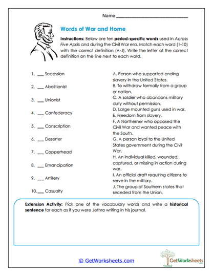 Words of War and Home Worksheet
