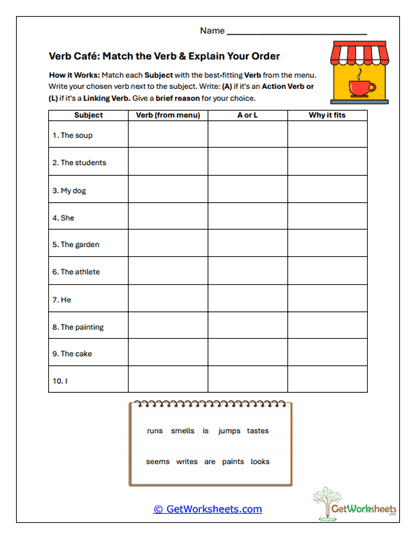 Verb Café Match-Up Worksheet