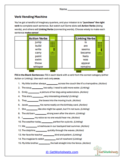 Verb Vending Machine Worksheet