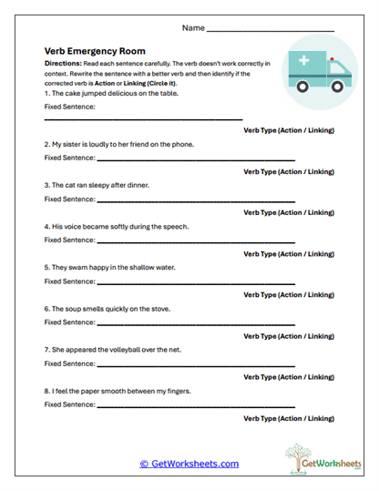 Verb Emergency Room Worksheet