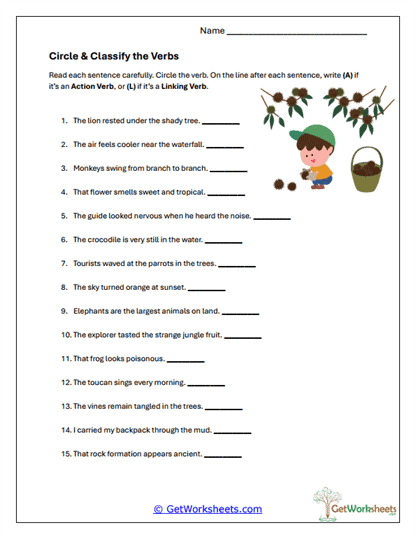 Circle and Classify Verbs Worksheet