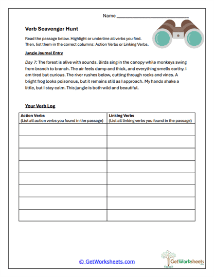 Verb Scavenger Hunt Worksheet
