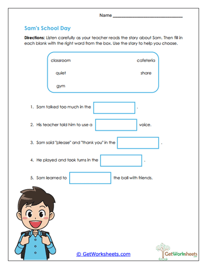 Sam's School Day Worksheet