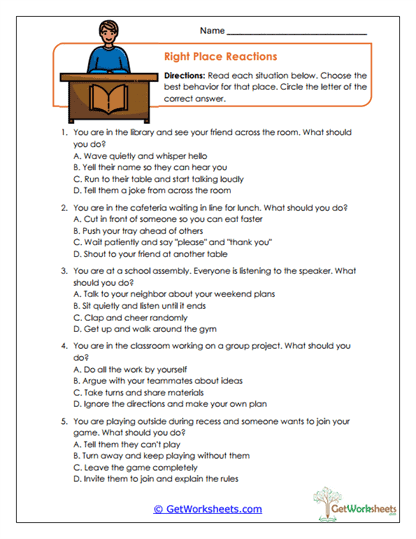 Right Place Reactions Worksheet