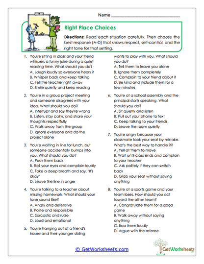 Right Place Choices Worksheet