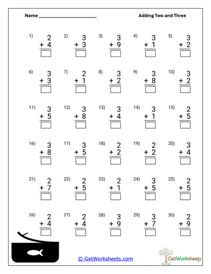 Addition Facts With 2 and 3 Worksheets