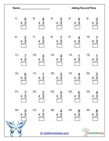 Basic 3-Addition Practice Worksheet