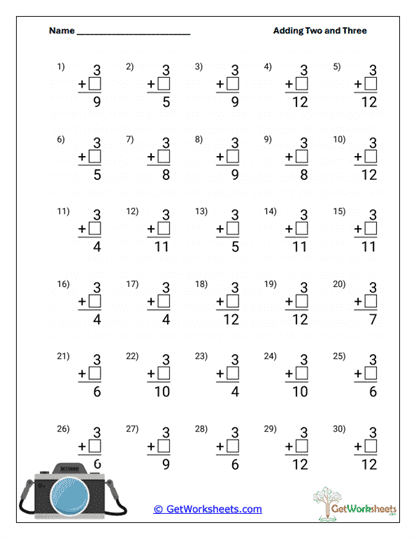 Vertical +3 Addition Practice Worksheet