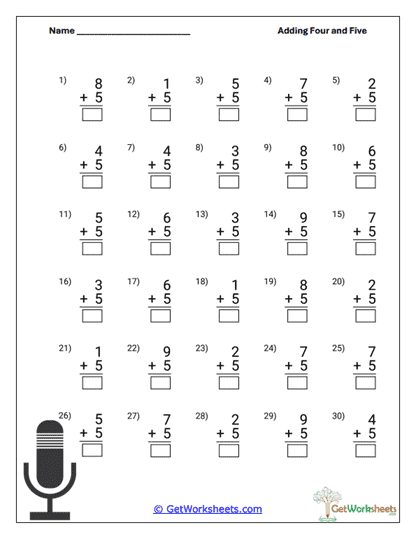 Horizontal +5 Practice Worksheet
