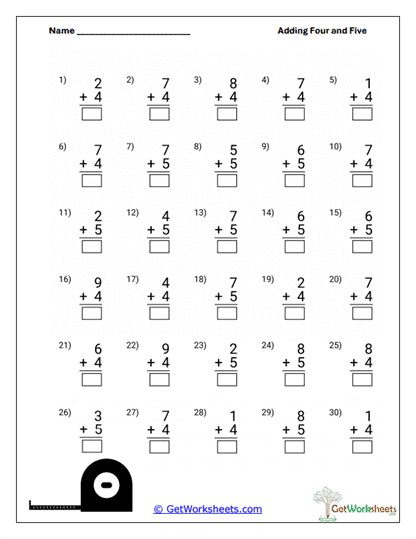 Mixed +4 and +5 Fluency Worksheet
