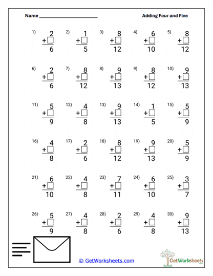 Fill-the-Missing-Addend with +4/+5 Worksheet