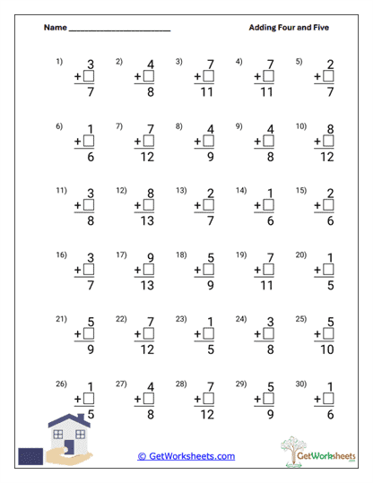 Vertical +5 Practice Worksheet