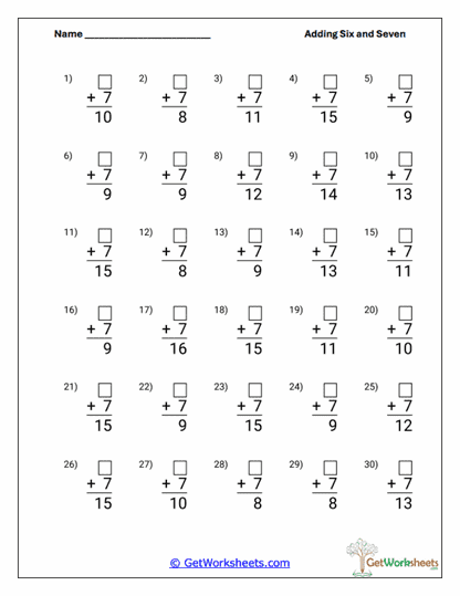 Add Seven Review Worksheet