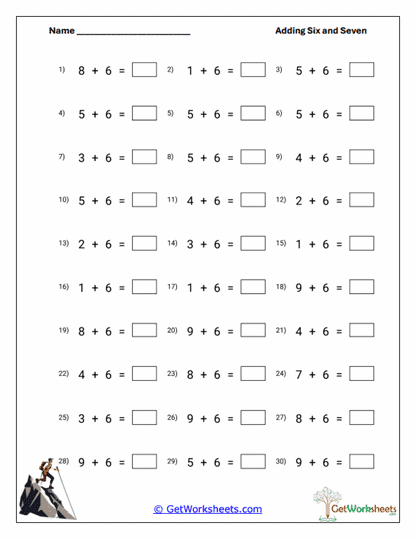 Horizontal Addition Facts Worksheet