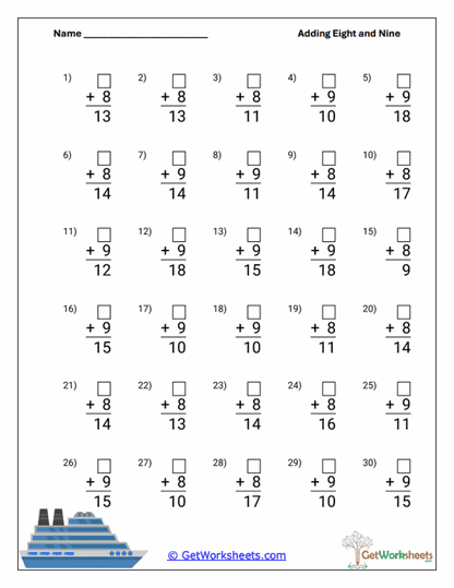 Addition Facts With 8 and 9 Worksheets