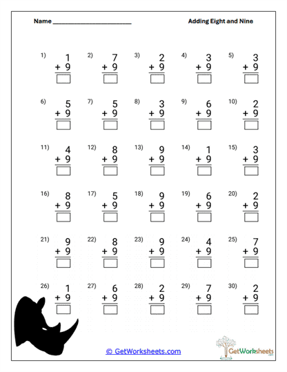 Add Nine Practice Worksheet