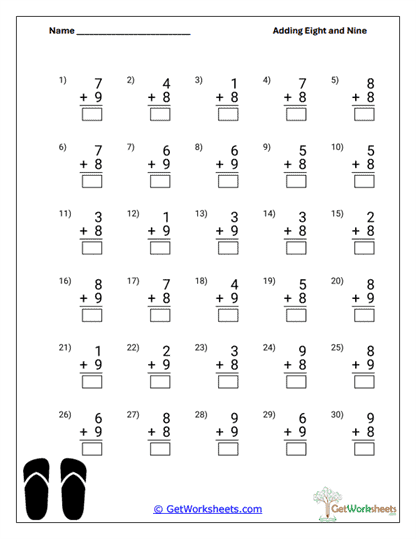 Mixed 8 and 9 Addition Worksheet