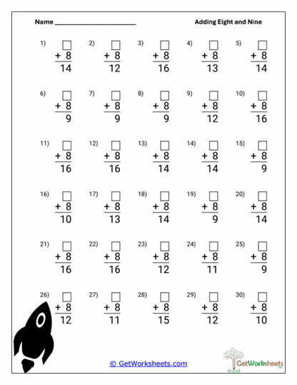 Horizontal 8 and 9 Addition Worksheet